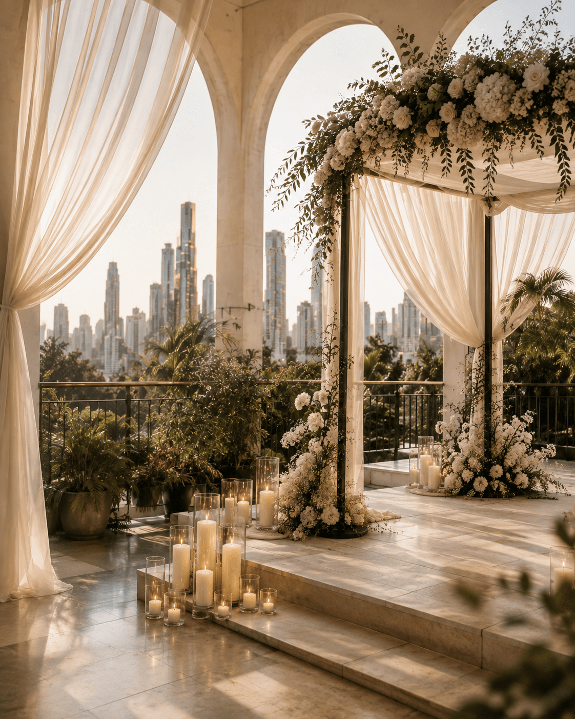 Wedding ceremony setting with chuppah, drapery, flowers and candles
